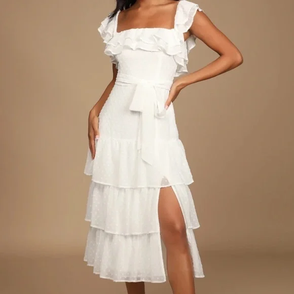 Lulus White Swiss Dot Tiered Ruffled Midi Dress - Picture 1 of 7